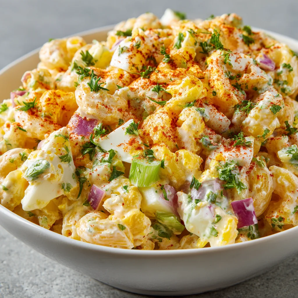 Classic macaroni salad with deviled egg ingredients. Classic macaroni salad with deviled egg ingredients.