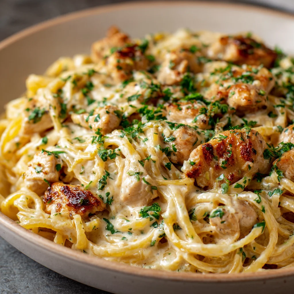 Creamy garlic parmesan chicken pasta dish.