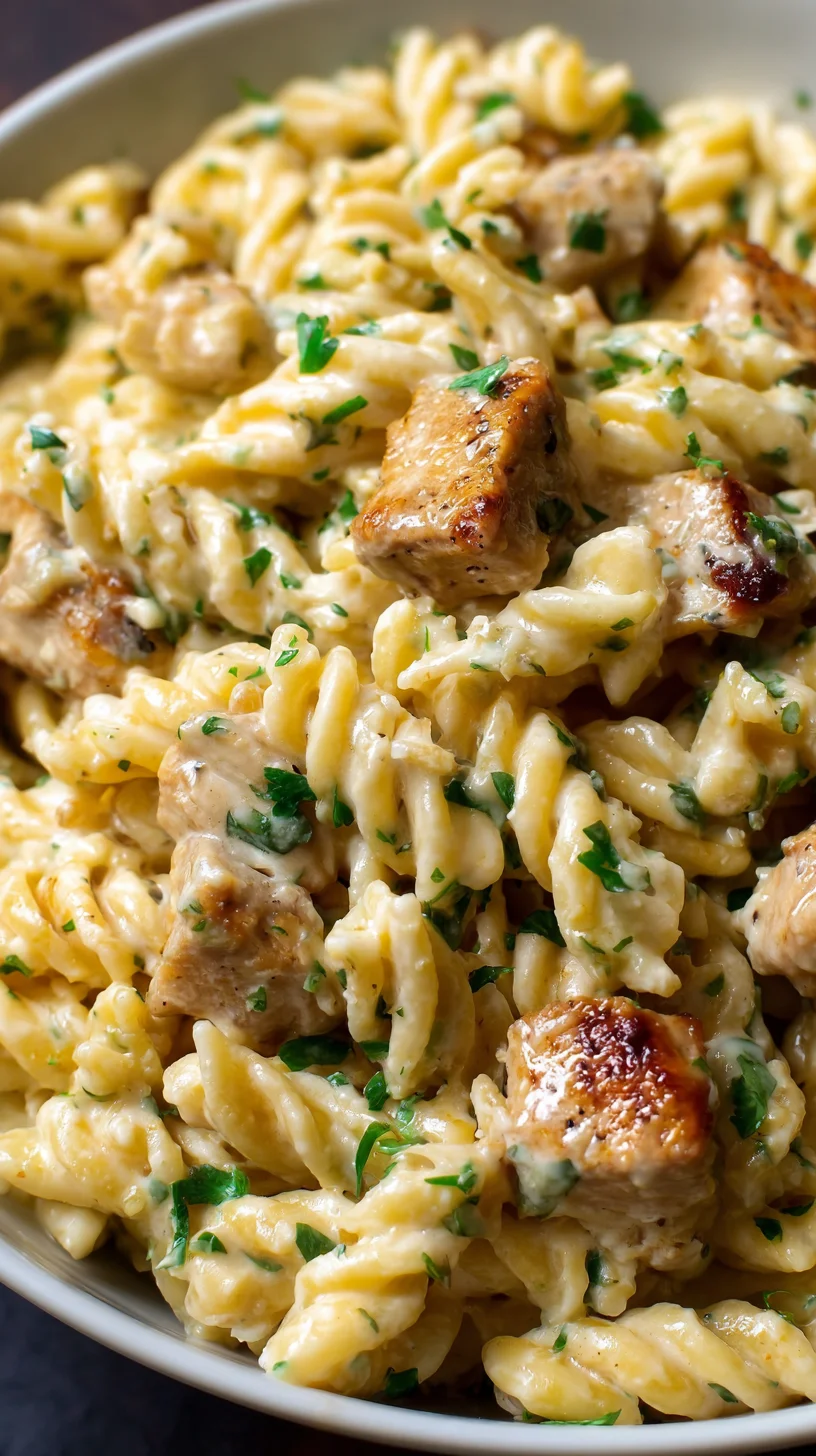 Close-up of cheesy chicken pasta. Close-up of cheesy chicken pasta.