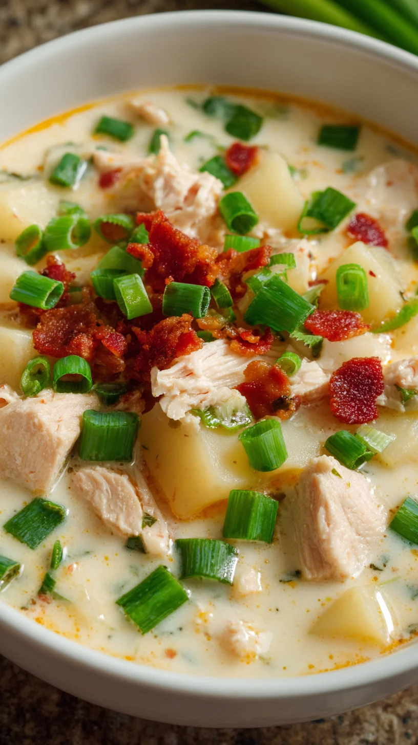 Close-up of cheesy, bacon-topped crack potato soup. Close-up of cheesy, bacon-topped crack potato soup.