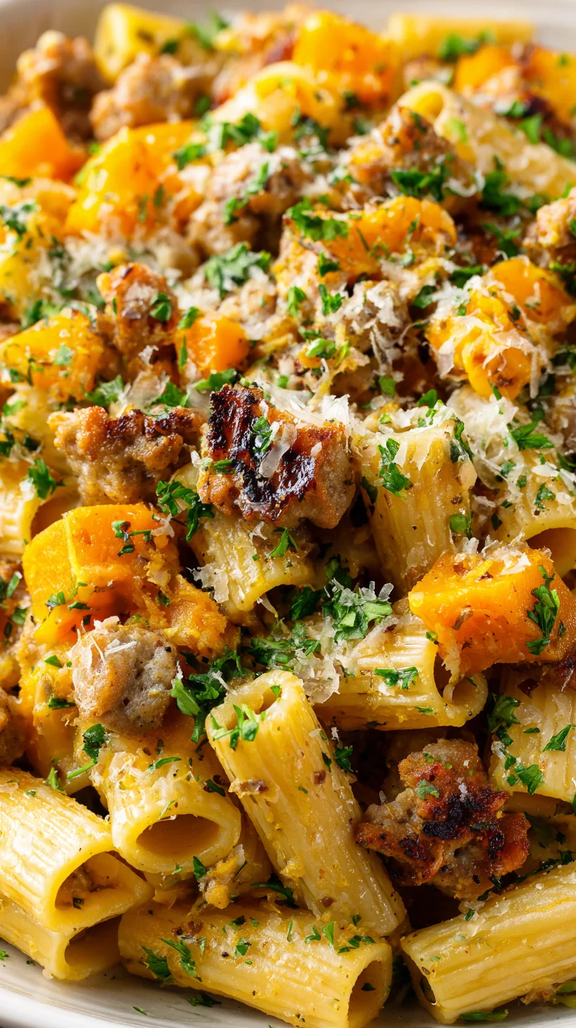Sausage and squash pasta dish. Sausage and squash pasta dish.