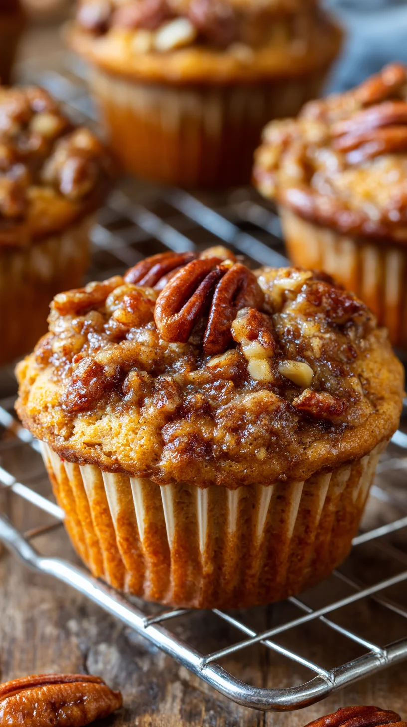 Pecan pie muffins, golden brown and topped with pecans.