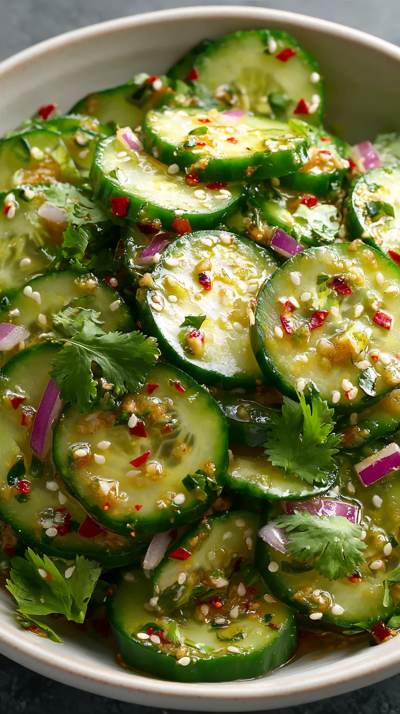 Crisp Asian cucumber salad with sesame seeds.