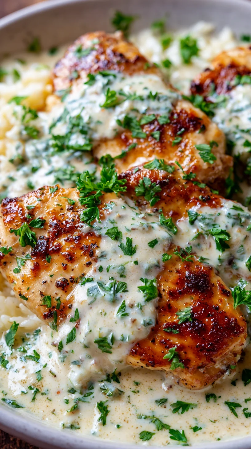 Close-up of tender chicken in creamy ranch sauce. Close-up of tender chicken in creamy ranch sauce.