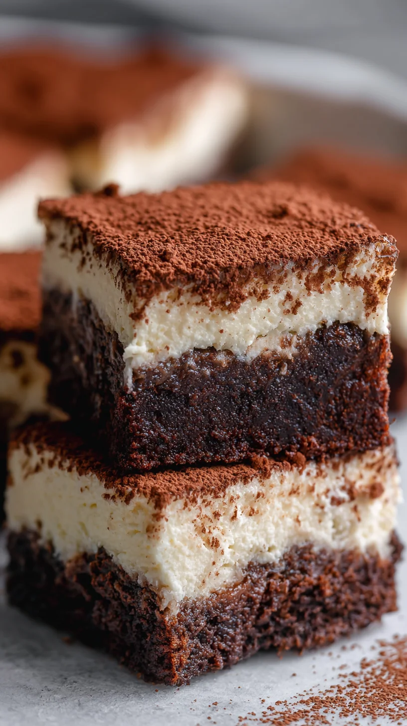 Layered tiramisu brownies with cocoa dusting. Layered tiramisu brownies with cocoa dusting.
