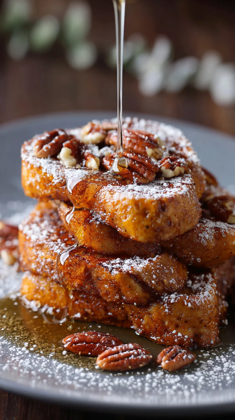 Golden brown pumpkin spice french toast slices on a plate. Golden brown pumpkin spice french toast slices on a plate.