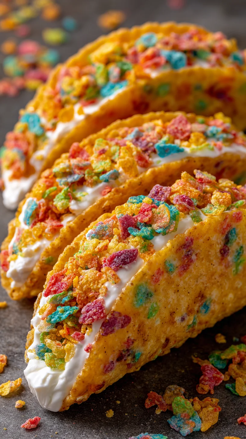 Fruity Pebbles cheesecake filling in a taco shell.
