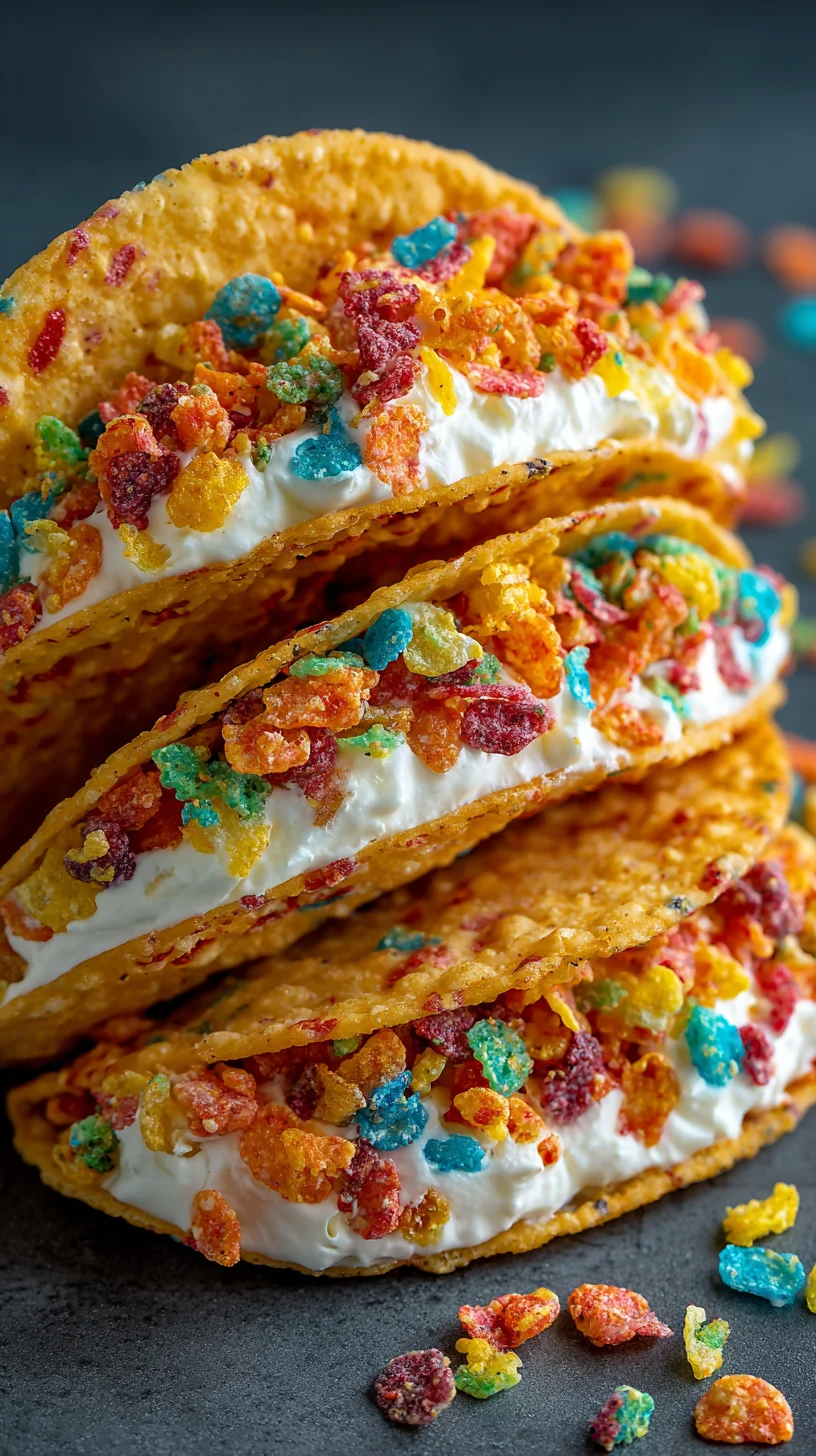 Colorful dessert tacos with cheesecake and cereal. Colorful dessert tacos with cheesecake and cereal.