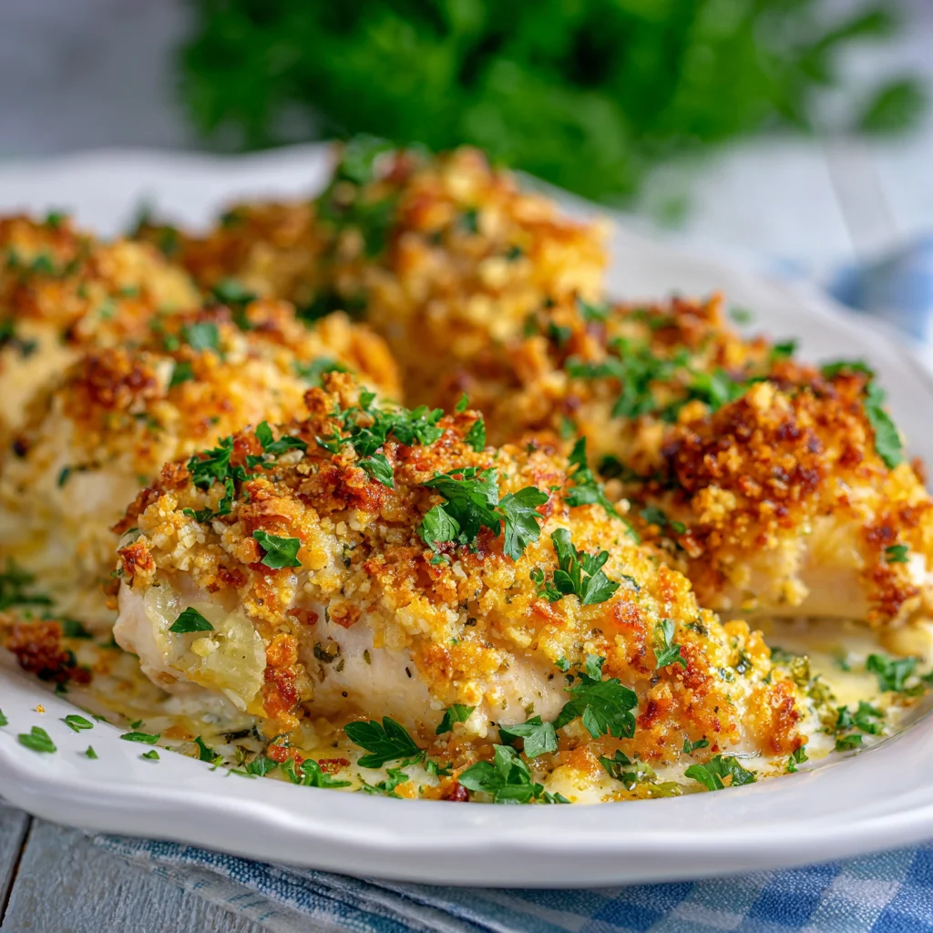 Close-up of cheesy garlic parmesan chicken. Close-up of cheesy garlic parmesan chicken.