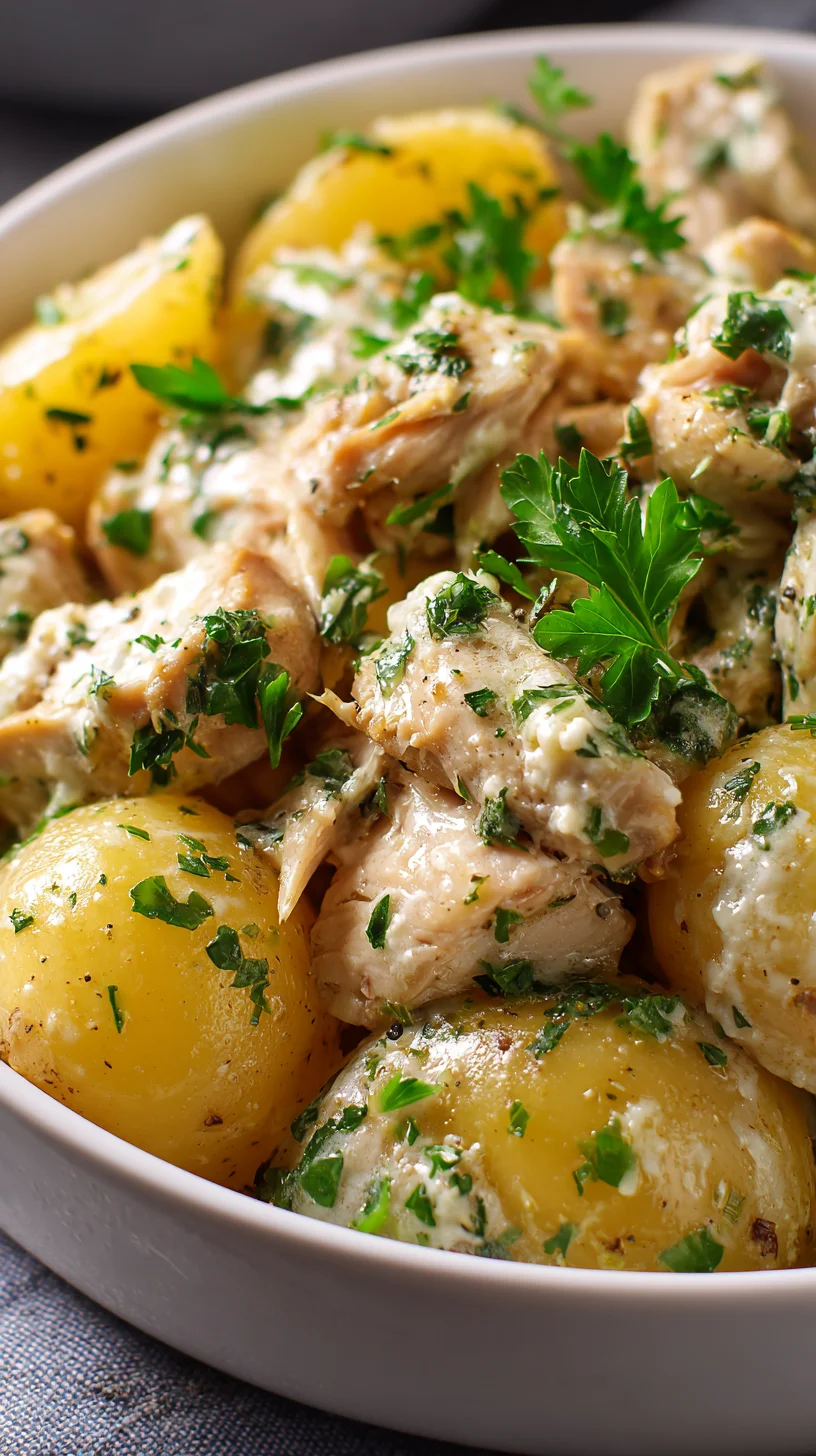 Creamy garlic parmesan chicken and potatoes in a slow cooker.