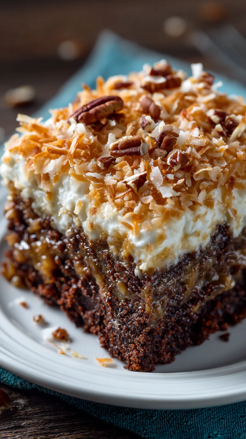 German chocolate poke cake, frosting detail.
