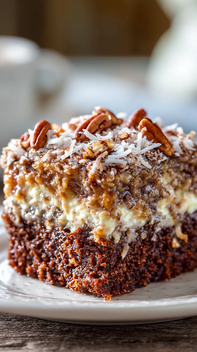 Moist German chocolate poke cake slices.