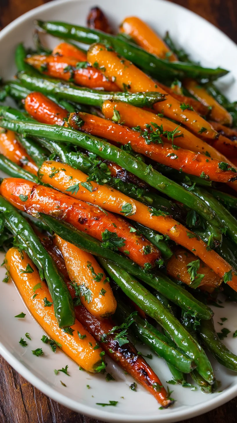 Honey glazed carrots and green beans on a white plate. Honey glazed carrots and green beans on a white plate.