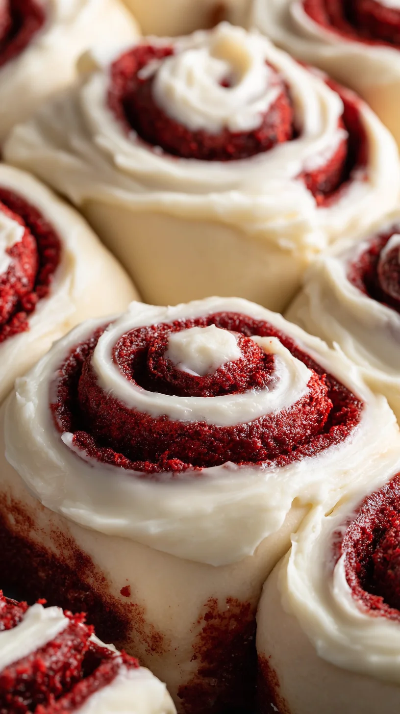 Red velvet cinnamon rolls with cream cheese frosting.