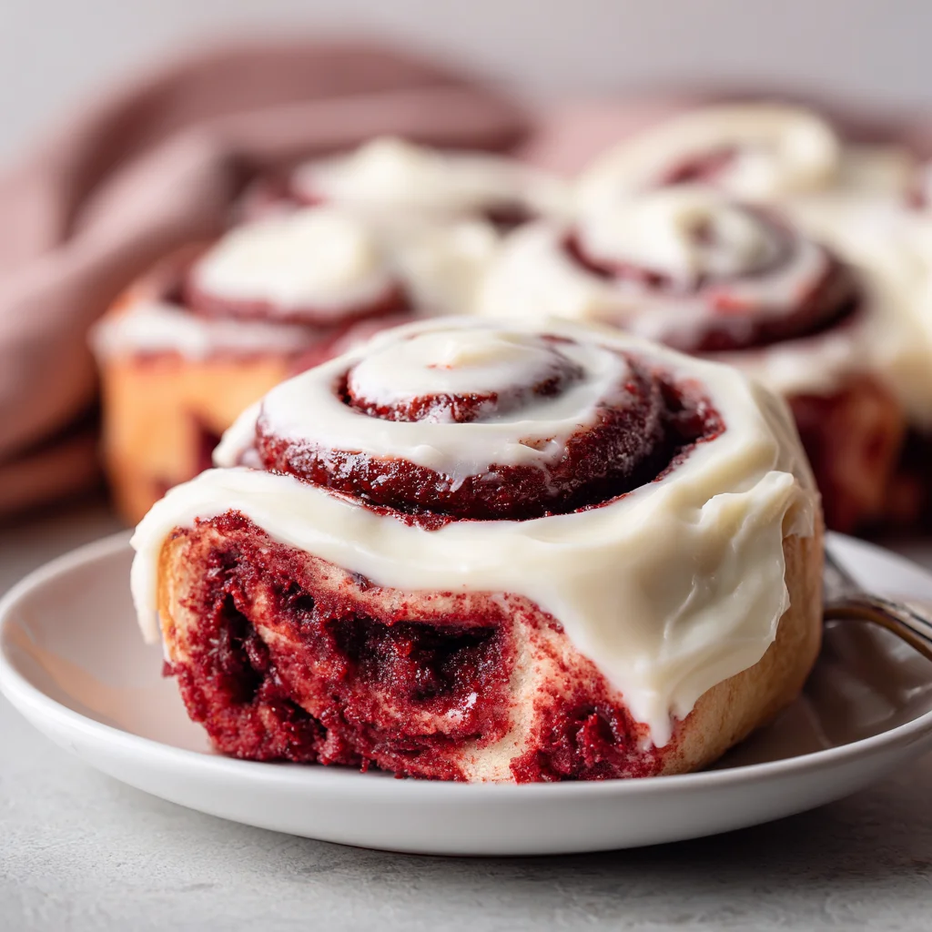 Close-up of swirled, frosted red velvet rolls. Close-up of swirled, frosted red velvet rolls.