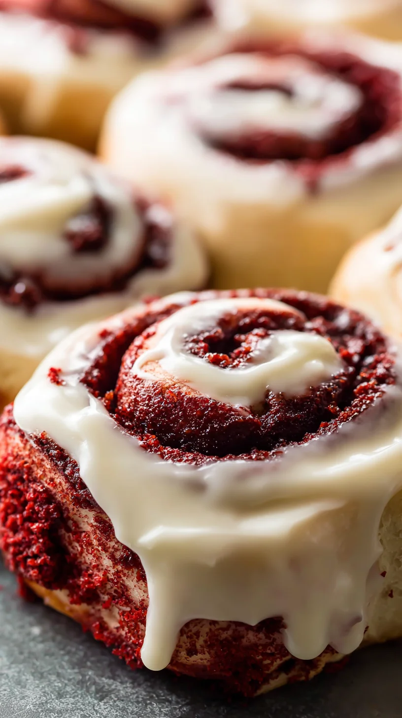 Close-up of a gooey, swirled red velvet cinnamon roll. Close-up of a gooey, swirled red velvet cinnamon roll.