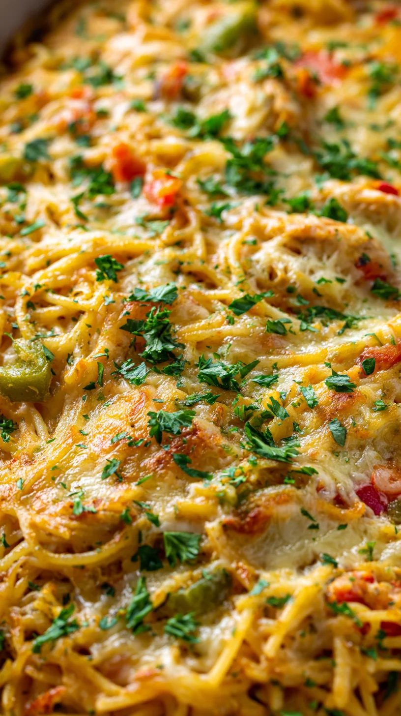 Spicy Southern chicken spaghetti casserole, bubbling hot and ready to serve.