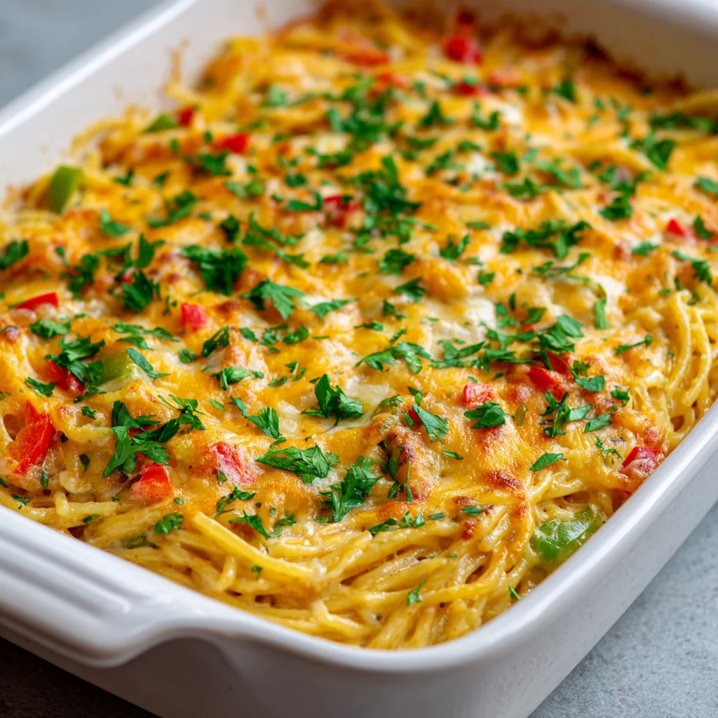 Creamy, cheesy chicken spaghetti casserole with a golden-brown crust. Creamy, cheesy chicken spaghetti casserole with a golden-brown crust.