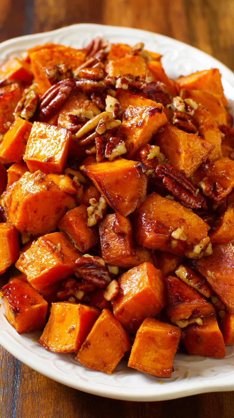 Maple-pecan glazed sweet potatoes roasted to perfection.