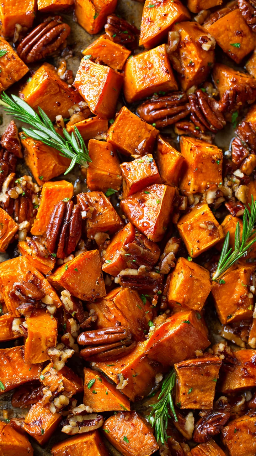 Close-up of glistening maple-pecan roasted sweet potato wedges. Close-up of glistening maple-pecan roasted sweet potato wedges.