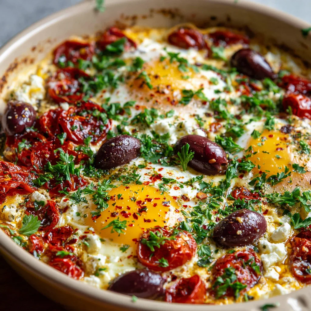 Baked feta and eggs swimming in a vibrant tomato sauce. Baked feta and eggs swimming in a vibrant tomato sauce.
