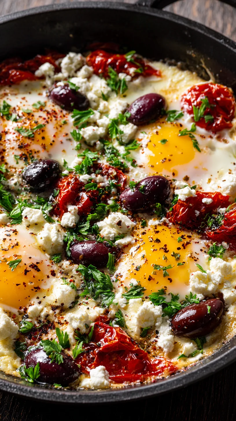 Creamy feta and runny eggs bake in a Mediterranean-inspired dish. Creamy feta and runny eggs bake in a Mediterranean-inspired dish.