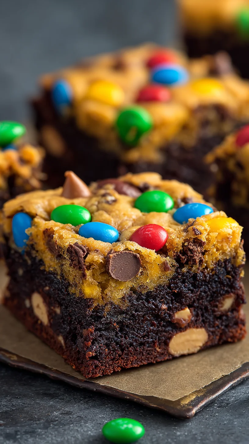 Monster cookie brownies loaded with oats, chocolate chips, and candy.