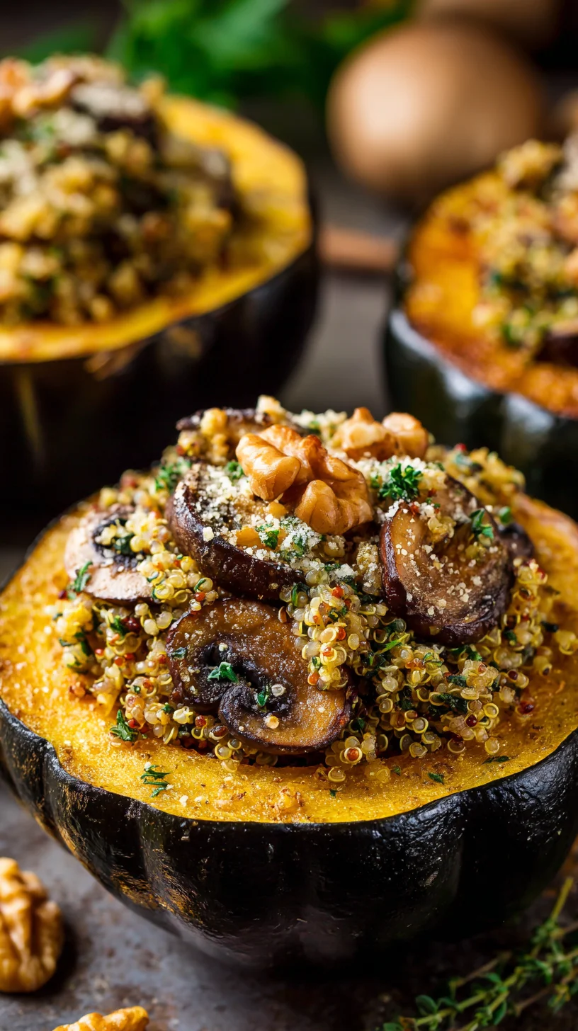 Stuffed acorn squash with mushroom quinoa filling.