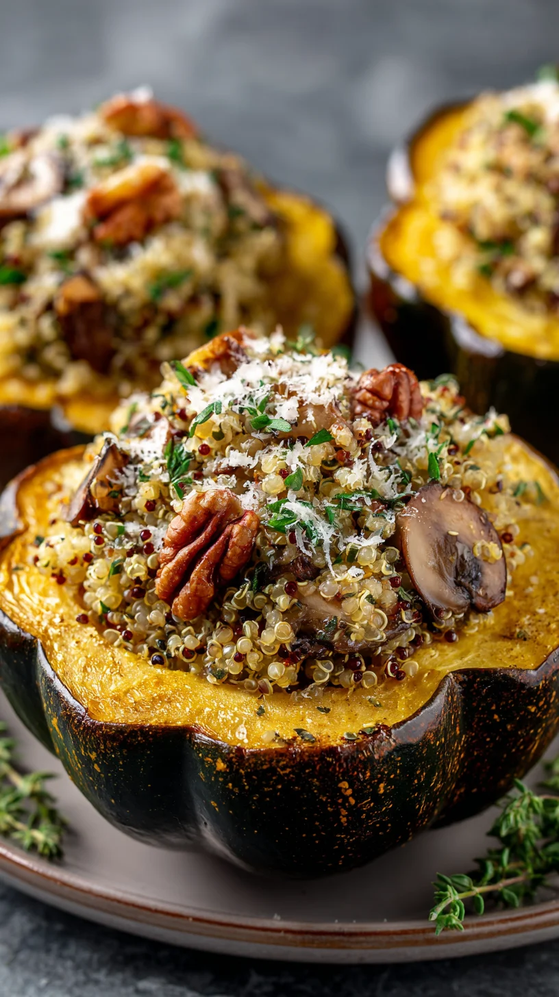 Halved acorn squash filled with vegetarian stuffing. Halved acorn squash filled with vegetarian stuffing.