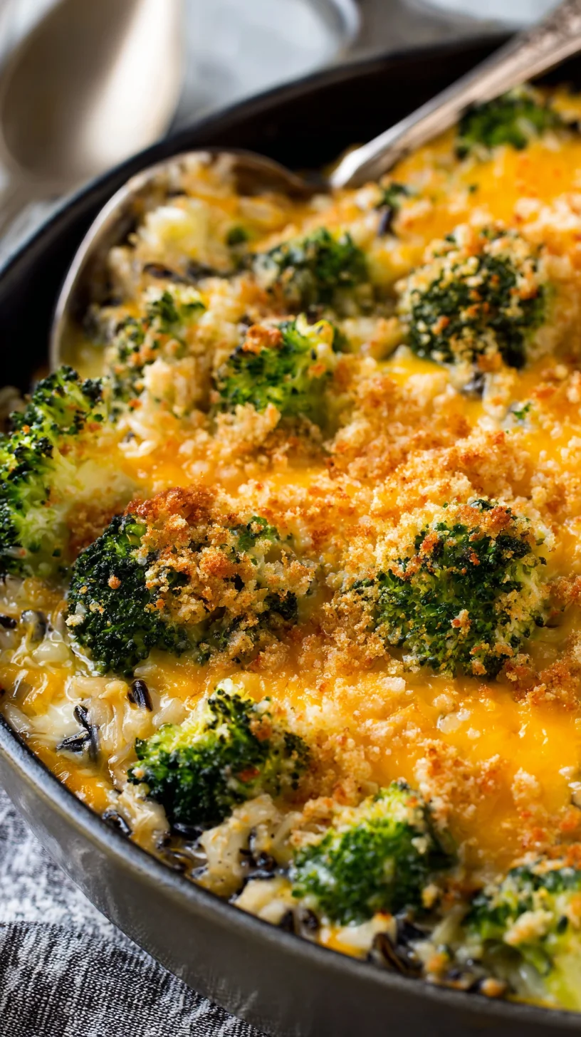Cheesy broccoli and wild rice casserole in a baking dish.