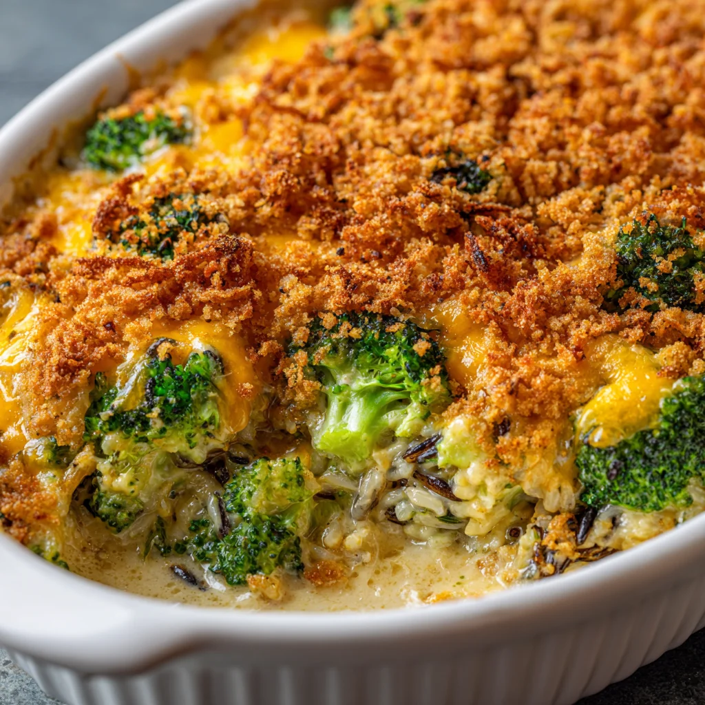 Overhead view of a creamy, one-pan wild rice casserole. Overhead view of a creamy, one-pan wild rice casserole.
