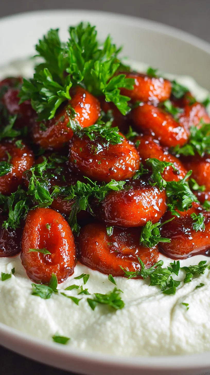 Pomegranate-glazed carrots alongside a swirl of whipped goat cheese.