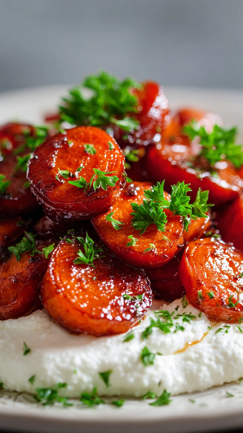 Roasted carrots with pomegranate glaze and goat cheese topping. Roasted carrots with pomegranate glaze and goat cheese topping.