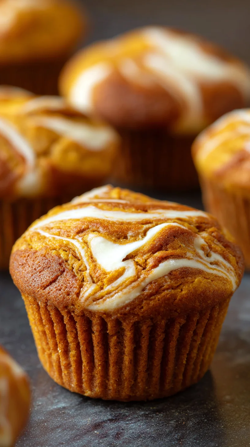 Pumpkin cream cheese swirl muffins on a plate.