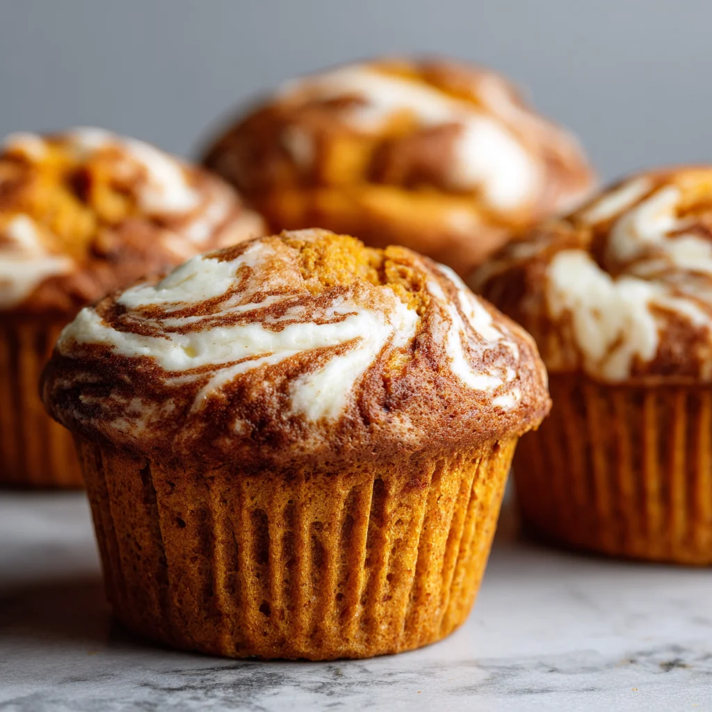 Close-up of a pumpkin cream cheese muffin's swirled top. Close-up of a pumpkin cream cheese muffin's swirled top.
