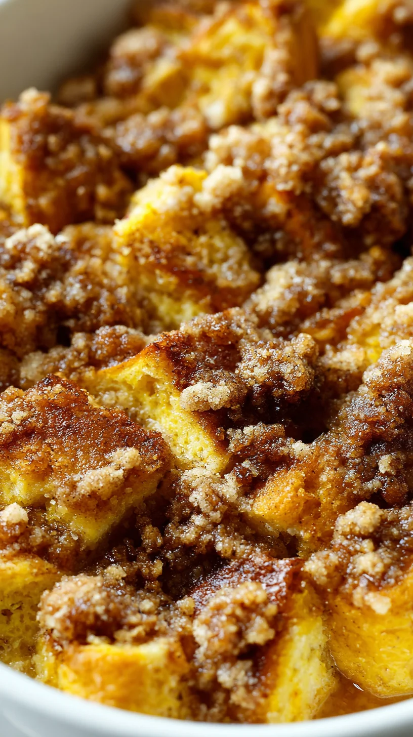 Warm, spiced pumpkin French toast casserole.