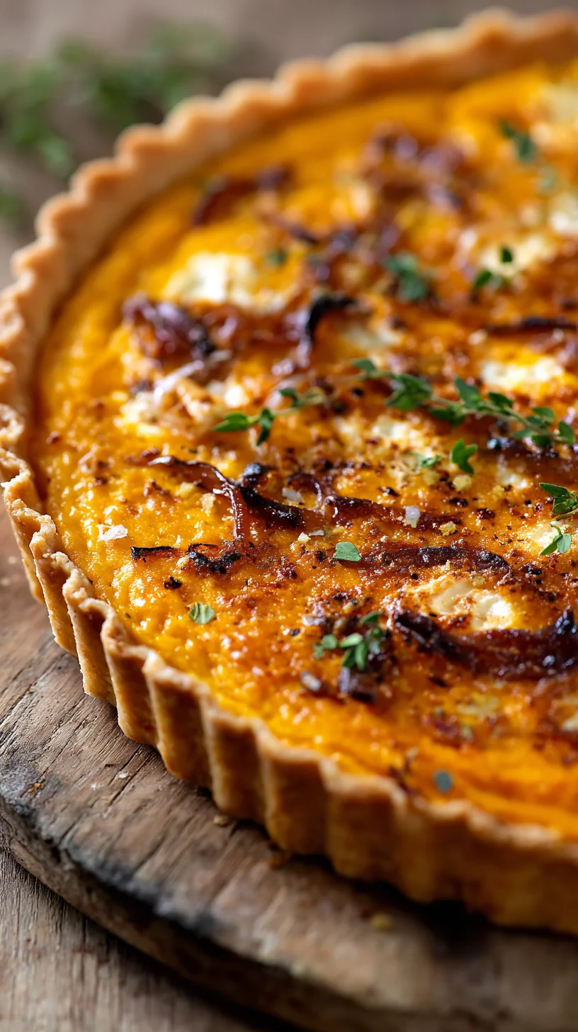 Savory pumpkin tart with ricotta and caramelized onions.
