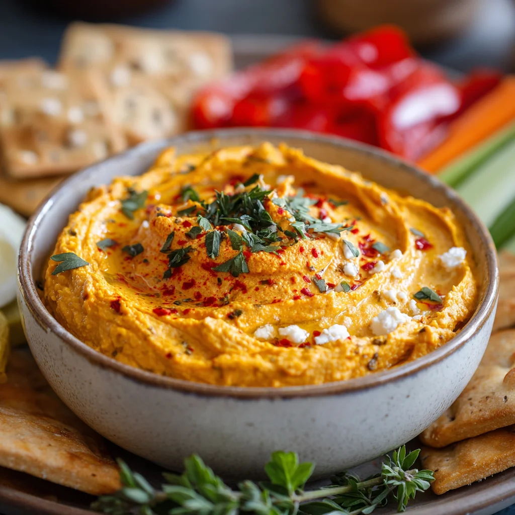 Pumpkin whipped feta dip in a bowl.