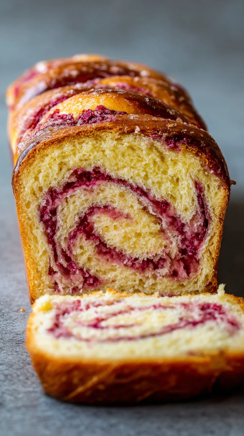 Raspberry swirl brioche loaf, ready for breakfast. Raspberry swirl brioche loaf, ready for breakfast.