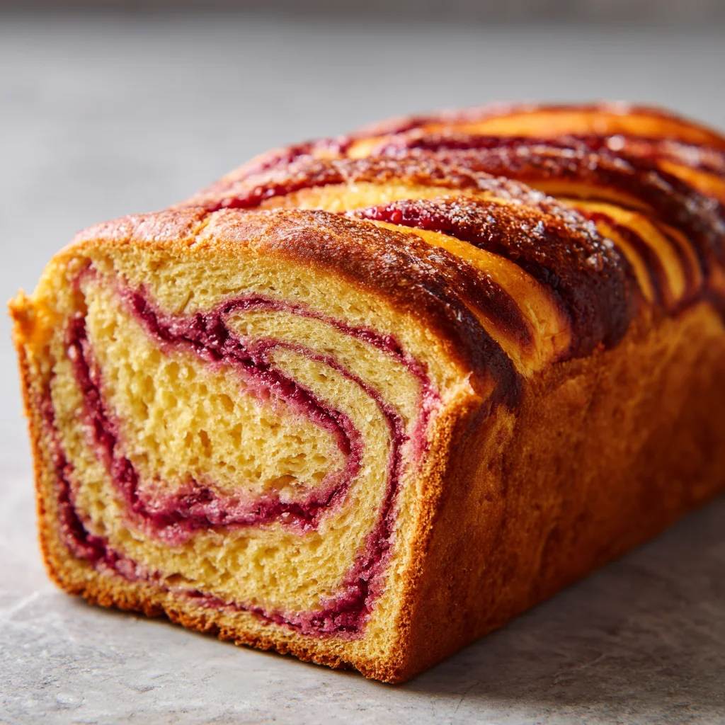 Close-up of raspberry swirl in brioche bread. Close-up of raspberry swirl in brioche bread.