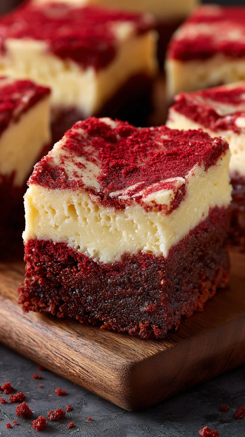 Close-up of a fudgy red velvet brownie topped with cheesecake. Close-up of a fudgy red velvet brownie topped with cheesecake.