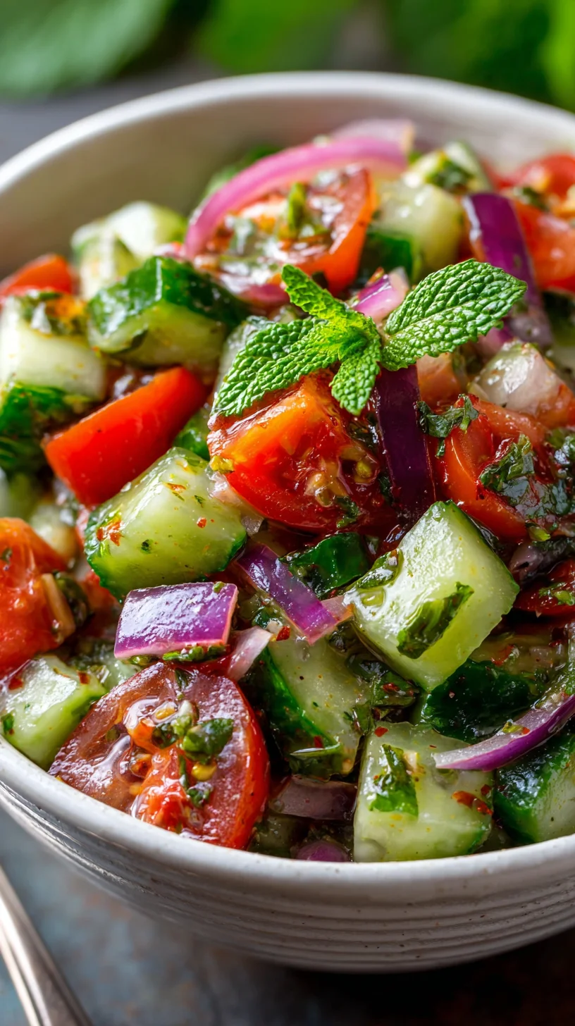 Close-up of fresh cucumber and tomato salad.