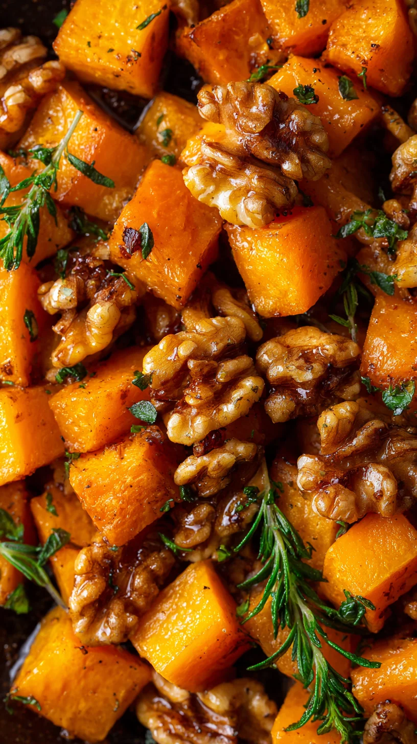 Roasted butternut squash topped with glistening candied walnuts.