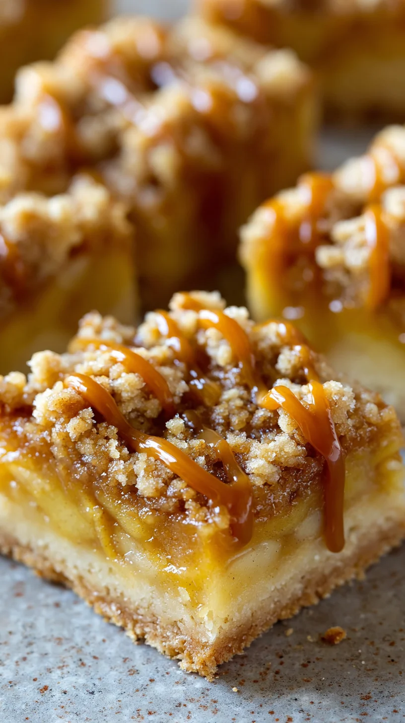 Salted caramel apple crumble bars, stacked with a bite taken out.