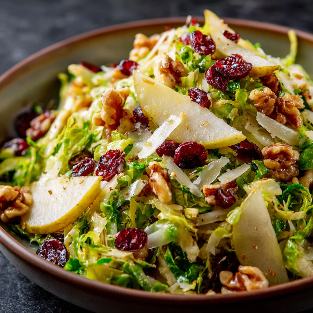 Close-up of vibrant Brussels sprout and pear salad. Close-up of vibrant Brussels sprout and pear salad.