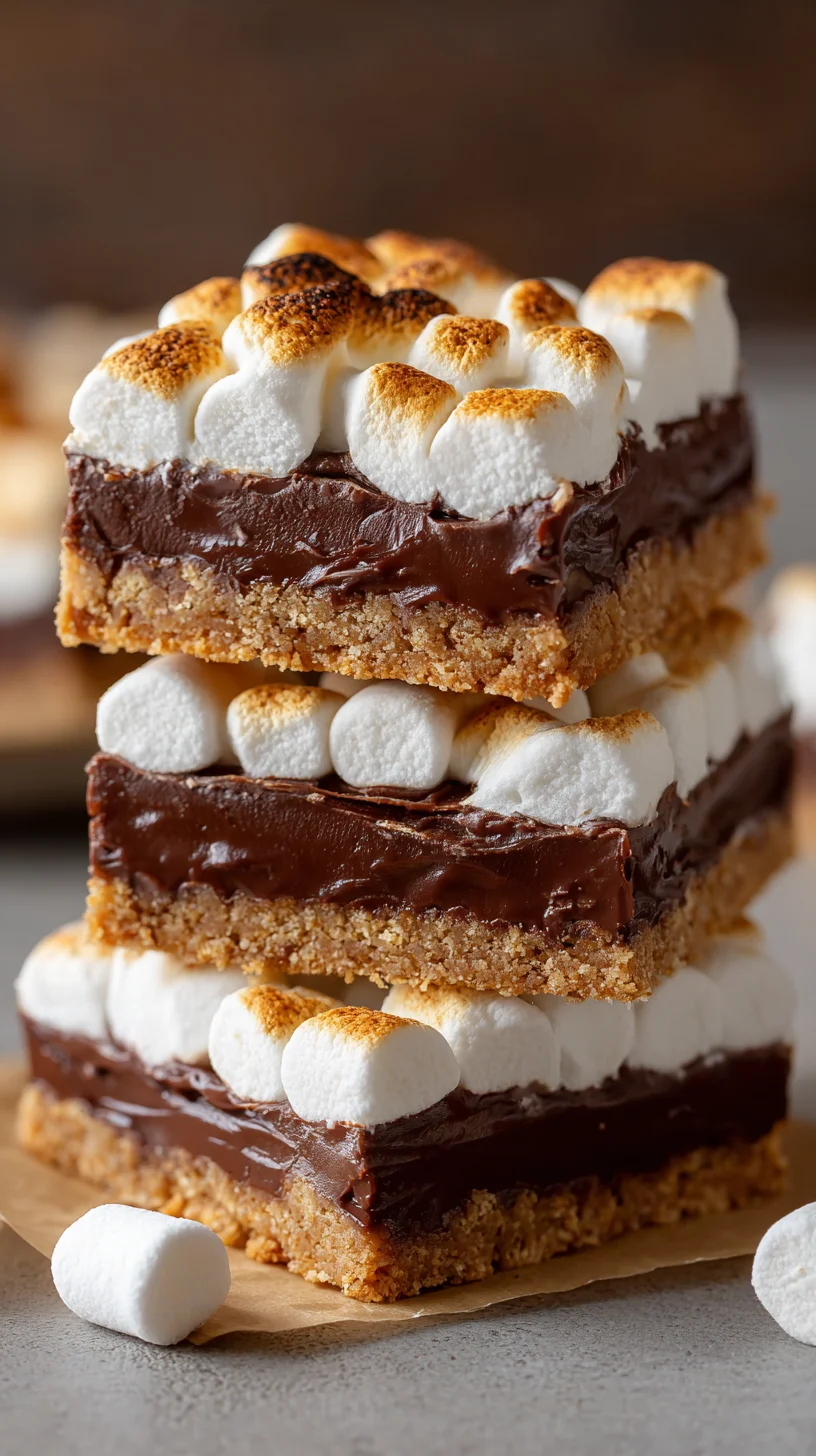 Stacked s'mores bars with gooey marshmallow filling. Stacked s'mores bars with gooey marshmallow filling.