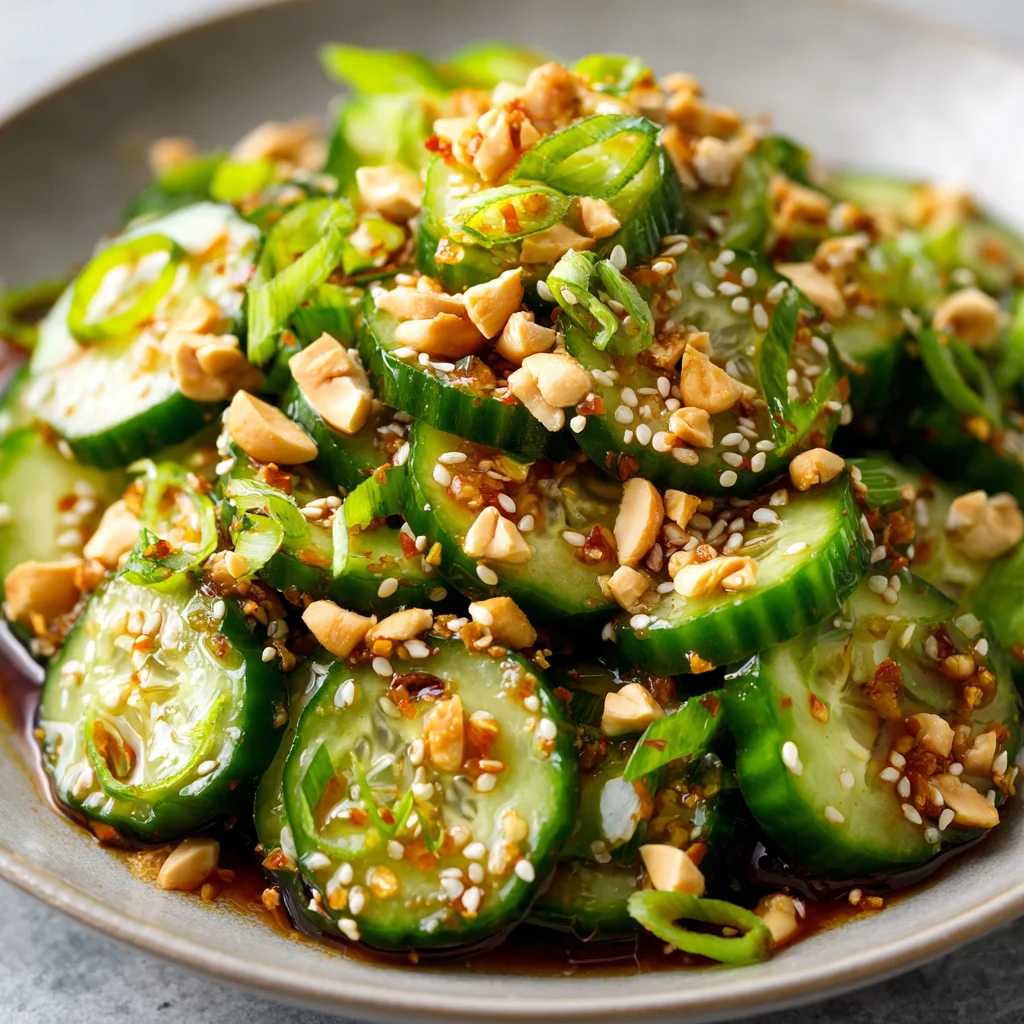 Crisp cucumber salad with sesame seed garnish.