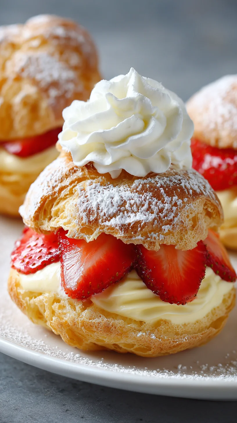 Strawberry cream puffs, light and airy. Strawberry cream puffs, light and airy.