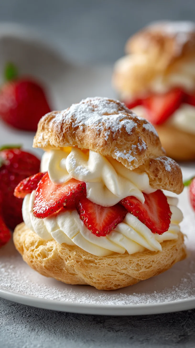 Cream puffs filled with fresh strawberries. Cream puffs filled with fresh strawberries.