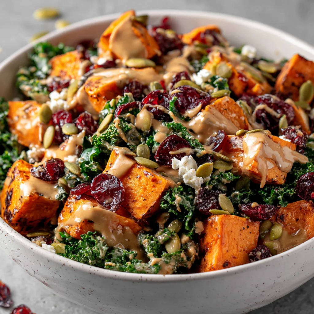 Vibrant sweet potato kale salad with a creamy dressing. Vibrant sweet potato kale salad with a creamy dressing.